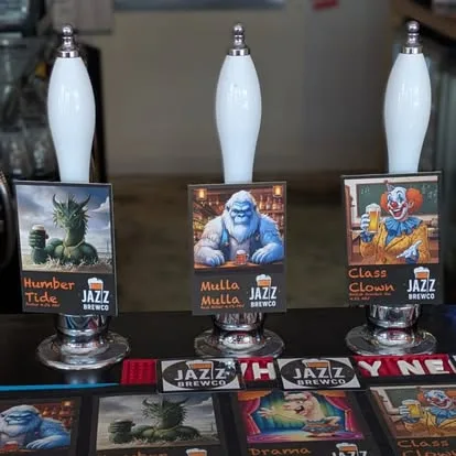 Jazz BrewCo pump clips lined up on the taps: Humber Tide, Mulla Mulla and Class Clown